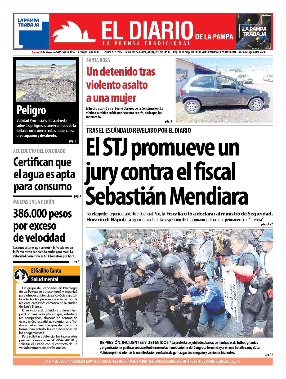 Tapa de El Diario en papel  jueves 13 de marzo de 2025